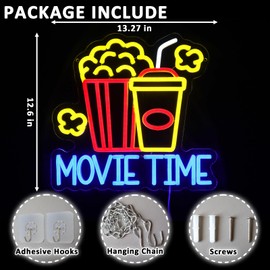 Folkive Movie Time Neon Sign for Wall Decor Dimmable Popcorn Led Sign for Cinema Snacks Neon Light for Snack Bar Video Room Home Movie Theater Man Cave Cafe Party Business Decor