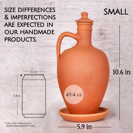 Hakan Anadolu Natural Clay Water Pitcher Set | Unglazed Terracotta Water Carafe & Plate | Traditional Small Mud Jug | Pottery Jar for Drinking Water (Small - 51 oz)