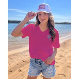 Tanned and Tipsy Beach Summer Tops for Women Spring Shirts for Women 2024 Womens Graphic Tees Vintage Coconut Tree Print Shirt Vacation Tops for Women Deep Pink