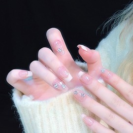 Pure Handmade Nails Press on Nail Reusable Fake Nails White Rhinestones Bling Bling Nude Medium Stick on Nails French Tip False Nails 10pcs (XS, Q178)