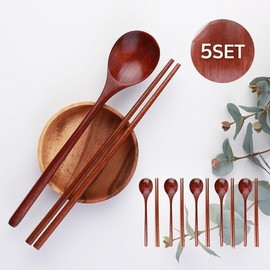 Nature Wood Wide Cutlery Set for 5 / Lacquered Wooden Spoons and Chopsticks / 네이처 우드 와이드 수저세트 5인  옻칠 나무 숟가락 젓가락
