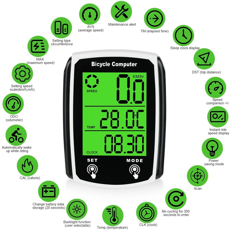 URAQT Bike Computer, Universal 19 Functions IP54 Waterproof Bicycle Speedometer