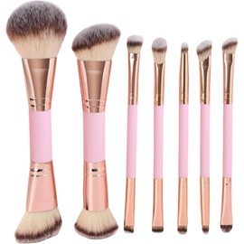 Brochas de Maquillaje, 7 Brochas Maquillaje Premium de Doble Punta (Plana/Acodada/Redonda Acodada/Cónica) para Pulir Líquidos, Cremas, Polvos, Difuminar y Contornear el Rostro(Oro Rosa)