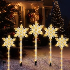 VOGVOG VOGVOG Snowflake Solar Christmas Pathway Lights, Set of 5 LED Outdoor Stake Lights, Waterproof Christmas Decorations for Garden, Yard, Lawn, Walkway, Patio Decor (5pcs Warm White)