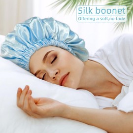 Satin Bonnet Silk Bonnet Hair Bonnet for Sleeping-Slouchy Beanie Hat Satin Sleep Cap for Women's Natural & Curly Hair(Blue)