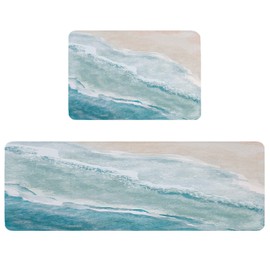 Kitchen Rugs and Mats Watercolor Blue Ocean Beach 2 Piece Comfort Standing Floor Mat Non Slip Absorbent Doormats for Laundry/Bathroom/Bedroom Decor Oil Painting Coastal Seascape