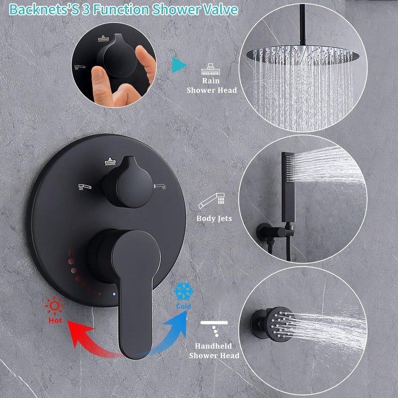 Backnets 3 Way Shower Diverter Valve Wall Mount Pressure Balancing