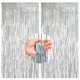 2 Piece Silver Glitter Foil Curtain Backdrop(1m x 2.5m),Sparkle Foil Fringe Tinsel Curtain for Photo Background/Birthday/Wedding/New Year's Party Decoration