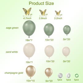 Sage Green Gold Balloons Garland Arch Kit,132 pcs Sage Green Sand White Metallic Gold Matte White Latex Balloons with Butterfly Stickers for Baby Shower Bridal Shower Wedding Safari Party Decorations