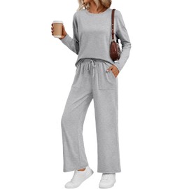LILLUSORY Women's Sweatsuits 2 Piece Outfits Lounge Matching Sweat Sets Casual Sweatshirts and Wide Leg Sweatpants Tracksuit Sets 2025 Grey L