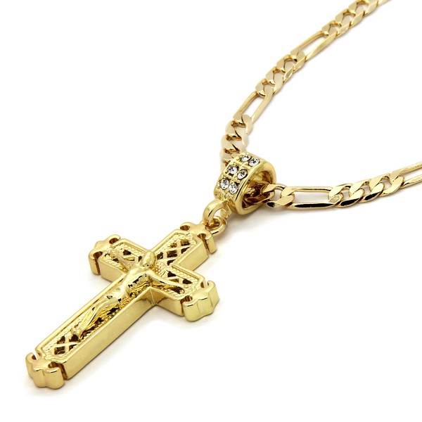 L2JK 14k Gold Plated Jesus Sharp Cross Pendant 24" Figaro