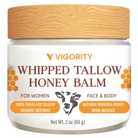 Vigority Beef Tallow and Honey Balm: Organic Grass Fed Whipped Beef Tallow for Skin - Beef Tallow Face Moisturizer Infused with Manuka Honey, Beeswax and Olive Oil - 2 oz, Unscented
