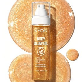KYDA Protector solar de tamaño de viaje, aceite de brillo corporal SPF 45 con mica de lentejuelas, cocos hidratantes ligeros, aceite SPF resplandecien