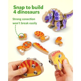 Coogam Build Your Own Dinosaurs Toy, Snap Together Building Dinosaurs Playset, Wooden STEM Take Apart Dinosaur Builder, Montessoi Fine Motor Building Toy Gift for 3 4 5 Years Old Kids