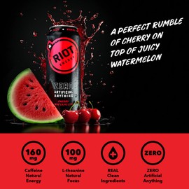 RIOT Clean Energy Drink – Cherry Watermelon | No Sucralose, No Sugar Added, No Artificial Flavors | 160mg Natural Caffeine + 100mg L-Theanine | Clean Focus & Smooth Energy | 16 Fl Oz (Pack of 12)