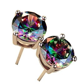 FXGHYH 18K White Gold Plated Rainbow Quartz Stud Earrings Colourful Fashion CZ Mystic Stud Earrings Round Solitaire Earrings Hypoallergenic for Women Men Jewelry Gifts