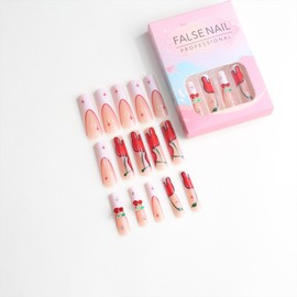 SINHOT Square Press on Nails - Long Fake Nails, Glossy Finish, Cherry Rhinestones & White French Tip, DIY Artificial False Nail Art - 24 Pcs Nail Kit with Glue