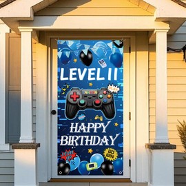 11th Birthday Decorations Door Banner - Blue Gaming Backdrop Boys Girls, Happy Birthday Large Size Porch Sign Background for Gamer Theme 11 Years Old Party Supplies