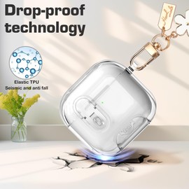 Newseego für Airpods 4 Hülle, Transparent Case mit Schloss und Handy Stand TPU Durchsichtig Schutzhülle mit Karabiner und Süßem Blume Anhänger Stoßfest Kompatibel mit AirPods 4. Generation Transparent