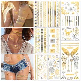 HOWAF 8 Sheets Gold Tattoos Temporary Metallic Tattoos, Gold Temporary Tattoos for Women Girls Paper Mandala Lace Glitter Tattoo Festival Tattoo Stickers Flash Fake Tattoo Waterproof Body Art