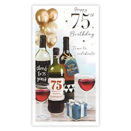 Male 75th Birthday Card - Age 75 - Time to Celebrate - Artistic Wine Design - Special Finishes and Illustrated Insert Leaf - Made in the UK