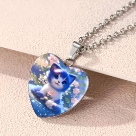 Heart-Shaped Cat Pendant Necklace with Floral Design, 19 inch Chain - Stainless Steel with Glass Pendant - Christmas, Holiday, or Birthday Gift, Adjustable, Sterling Silver, Cubic Zirconia