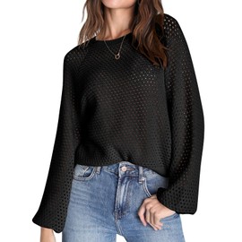 Saodimallsu Women's Crew Neck Mesh Long Sleeve Tops Plain Elegant Jumper Sweater, black