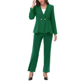 Lamgool Pants Suit for Women Dressy Casual 2 Piece Set V Neck Two Button Blazer Pants Set Business Casual Outfits(Green,XL)