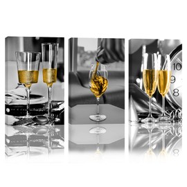 MYnaicee Kitchen Wall Art Dining Room Decor Kitchen Wall Decor Yellow Kitchen Decor Wine Decor for Kitchen Black and White Wall Art Framed Canvas Prints Artwork, 12inX16inX3(30cmX40cmX3)