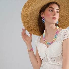 Bocar Statement Acrylic Chunky Necklace for Women Cuban Link Chain Collar Necklace Bracelcet Earrings Fashion Costume Jewelry Set (NK-10668-Colorful)