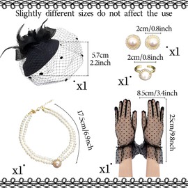 Black Tea Party Hat Gloves Women Fascinators Hats Gloves Pearl Necklace Earrings Choker Tea Party Hat Funeral Hats for Women