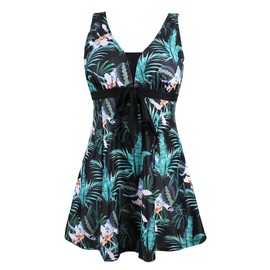 Ecupper Womens One Piece Swimdress Plus Size Shaping Body Swimsuits Printed Swimwear with Short Floral Green L