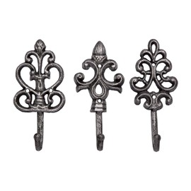 Shabby Chic Cast Iron Decorative Wall Hooks - Rustic - Silver - Antique - French Country Charm - Large Decorative Hanging Hooks - Set of 3 - Screws and Anchors for Mounting Included- 7"x3.15"
