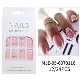 White French Tip Press on Nails Line Fake Nails with Design Rhinestone Glue on Nails Glossy Artificial Acrylic Full Cover Stick on Nails Short Square False Nails for Women Girls Manicure 24Pcs