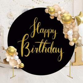 Jditngp 6.5ftx6.5ft Gold Happy Birthday Sign Round Backdrop Cover,Black Round Backdrop Cover Happy Birthday Party Decoration Black Circle Background Stand Cover with 4Clips for Birthday Baby Shower