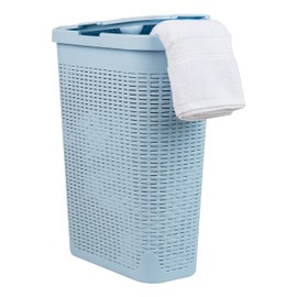 Mind Reader Slim Laundry Hamper with Lid, 40L Clothes Basket, Premium Wicker Design, Plastic, Baby Blue