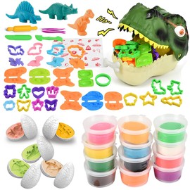 55PCS Dinosaur Dough Set for Kids – Clay Play Tools & Molds with Light & Sound Dinosaur Storage Case, Creative Dough Playset for Boys & Girls Ages 3-8