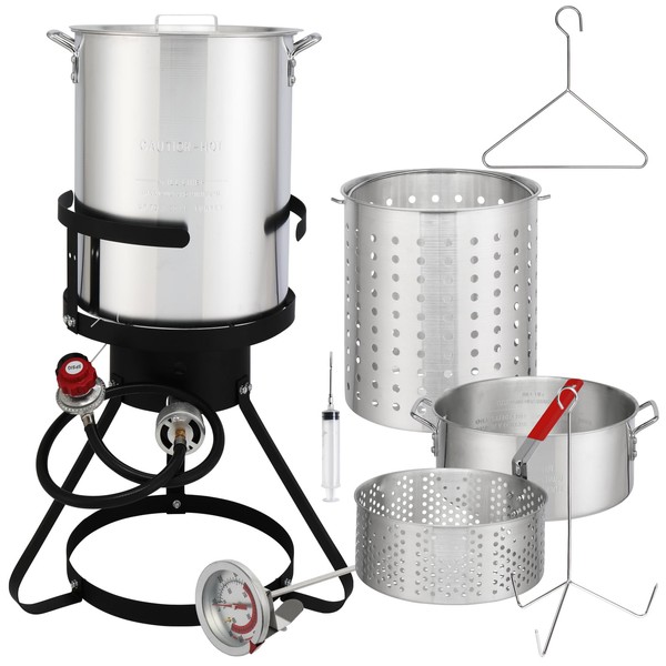 Kcelarec 30 QT Aluminum Turkey Deep Fryer Pot Boiling Lid Seafood Cajun Gas Stove Burner Stand Injector Thermometer 54,000 BTU