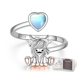 Teioa 925 Sterling Silver Highland Cow Ring with Moonstone – Adjustable Animal Ring for Women, Daughter Gift from Mom – Natural Moonstone Jewelry, Cow Lover Gift