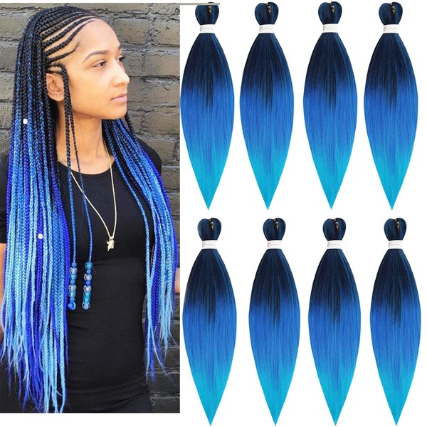 LDMY Ombre Blue Ombre Blue Ombre 8 Pieces Pre Stretched Synthetic Hair Extensions 26" Yaki Texture 90g/pc