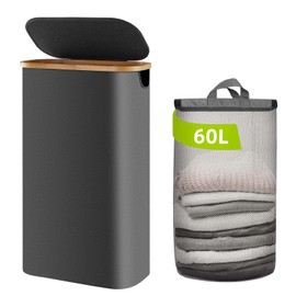 Slim Laundry Hamper with Lid 60L, Dirty clothes Hamper for Laundry Basket Collapsible, Thin Laundry Hamper with Removable Bag