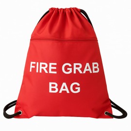 MediCounter Fire Grab Bag – Emergency Fire Evacuation Drawstring Bag (42x49cm) with Zip Pocket & Info Tag – Water-Resistant -RED
