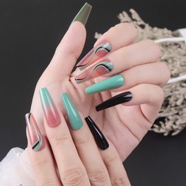 BABALAL Glossy Press on Nails Long Ballerina Full Cover Tips Swirl UV Gel Nails Abstract Nail Art Tips for Women and Girls