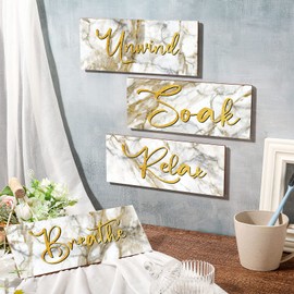 4 Pieces Bathroom Wall Decor Relax Soak Unwind Breathe Wall Art Wooden Bathroom Hanging Signs Rustic Vintage Farmhouse Gold Bathroom Wall Decor for Home Laundry Spa Room (Modern Style, 10 x 4 Inch)
