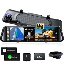 2.5K Mirror Dash Cam with Carplay Mirror & Android Auto, Dash Cam Front and Rear with Zoom Function,12 inches Rear View Mirror Camera with Voice Control/BT Call/64GB Card Included-JOMISE K17 Pro