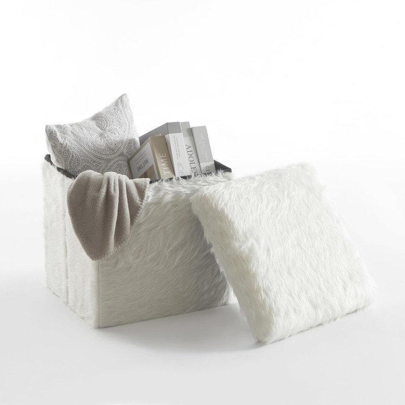 Urban Lifestyle White Mongolian Fur Collapsible Storage Ottoman with Lid,