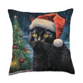 Merry Christmas Holiday Gift Ideas Christmas Black Cat Throw Pillow, 18x18, Multicolor
