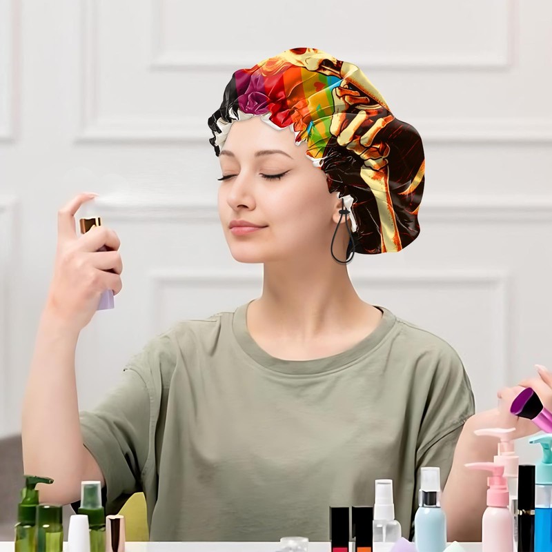Cabreche Luxury Shower Cap Satin Silk Lined Adjustable Elastic Reusable
