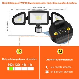 MEIKEE 42 W LED Spotlight with Motion Sensor Outdoor 3600 LM Outdoor Spotlight IP66 Waterproof LED Floodlight 6500 K Three Head 180° Adjustable LED Headlight for Garage Garden Patio Yard