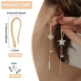 BENECREAT 20Pcs Real 14K Gold Plated Earring Hooks, Brass Twist Rope Shape Earring Hooks with Horizontal Loops and 50Pcs Plastic Ear Nuts for DIY Earring Jewelry Making